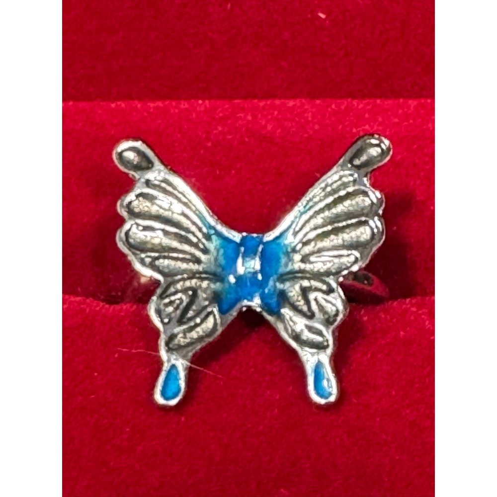 Silver Tone Blue Enamel Butterfly Statement Ring Adjustable Size 5.25 Y2K‎ Style